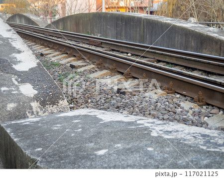 Rails behind concrete barriers. Location of the train. Transport industry Rails behind concrete barriers. Location of the train. Transport industry 117021125
