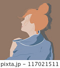 A woman with vibrant red hair is dressed in a stylish blue jacket 117021511