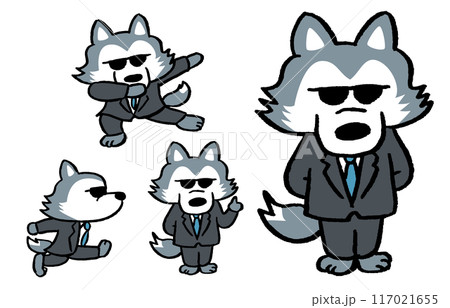 サングラスをかけたボディガード風のオオカミのキャラ素材 117021655