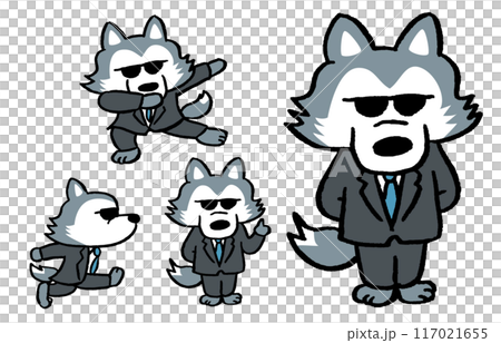 サングラスをかけたボディガード風のオオカミのキャラ素材 117021655
