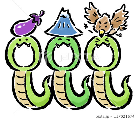 富士・鷹・茄子を頭に乗せた蛇(巳)の顔ハメ年賀状素材 三人用 富士・鷹・茄子を頭に乗せた蛇(巳)の顔ハメ年賀状素材 三人用 117021674