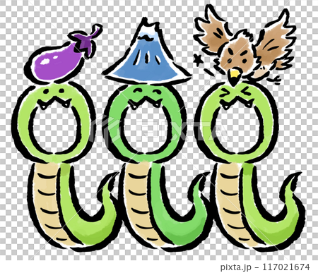 富士・鷹・茄子を頭に乗せた蛇(巳)の顔ハメ年賀状素材 三人用 富士・鷹・茄子を頭に乗せた蛇(巳)の顔ハメ年賀状素材 三人用 117021674