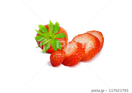 whole strawberry halved strawberries side view on a white background whole strawberry halved strawberries side view on a white background 117021791
