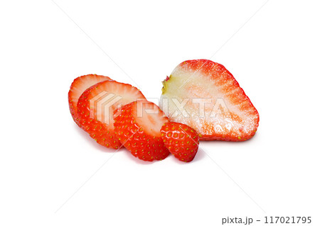 whole strawberry halved strawberries side view on a white background 117021795