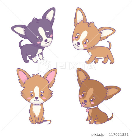 Cute Chihuahua collection. Isolated cartoon funny kawaii animal characters. Vector illustration. Kids collection 117021821