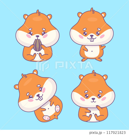 Cute cartoon hamsters kawaii collection. Isolated Funny animal character. Vector illustration. Kids collection 117021823