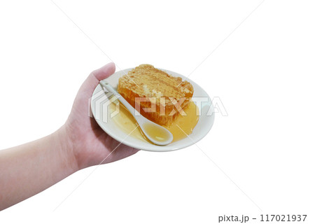 Honeycomb on a plate in hand  . Honey flows out of a honeycomb into a plate. 117021937