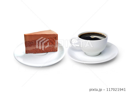 Coffee mug with chocolate cake front view lonely on white Coffee mug with chocolate cake front view lonely on white 117021941