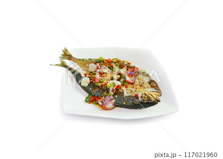 Salted mackerel salad in a white square plate It is a popular food of Thailand on a white background. 117021960