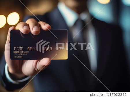 架空のクレジットカードを提示するビジネスマン 117022232