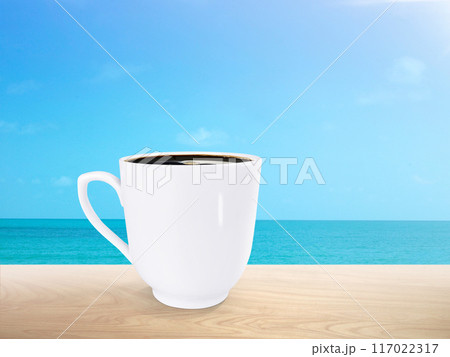 coffee mugs on wooden table There is a sea and sky background. 117022317