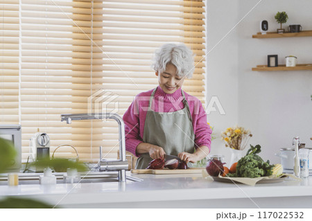 料理をするシニア女性 料理をするシニア女性 117022532