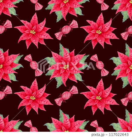 Poinsettia flower with leaves and caramel candies, lollipop. Seamless hand drawn pattern on dark background. Watercolor, marker illustration. Background for winter holidays Christmas, New Year 2025 117022643