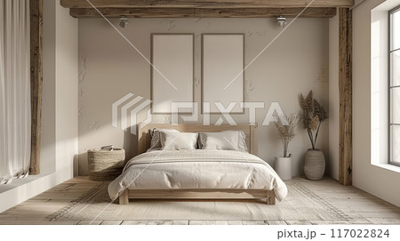 Modern Style Bedroom with Rustic Wooden Elements and Neutral Bedding. Frame mockup Modern Style Bedroom with Rustic Wooden Elements and Neutral Bedding. Frame mockup 117022824