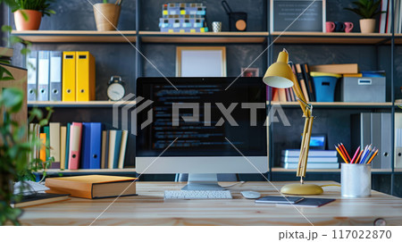 Organized workplace with computer, books, desk lamp and office supplies. Modern office desk with desktop computer 117022870