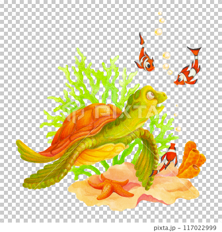 Underwater world with sea turtle, clown fish, starfish, corals,  algae and bubbles. Hand drawn Seabed clipart. Isolated composition for summer or beach design, postcards, posters, t-shirts prints 117022999