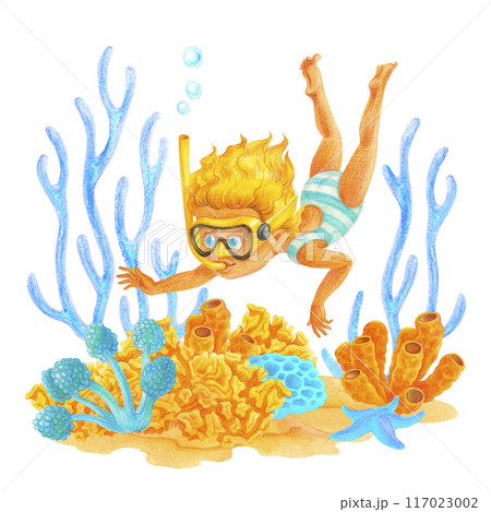 Blonde child girl diving in coral reef water. Summer vacation concept. Isolated illustration of seabed in blue and yellow colors for travel poster, card, kid's diving club banner, t shirts design 117023002