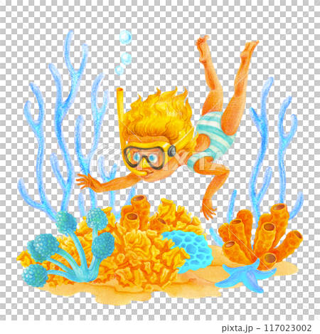 Blonde child girl diving in coral reef water. Summer vacation concept. Isolated illustration of seabed in blue and yellow colors for travel poster, card, kid's diving club banner, t shirts design 117023002