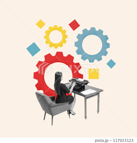 Contemporary art collage. Woman typing amid colorful gears, highlighting intricate mechanisms of development and skill-building. Contemporary art collage. Woman typing amid colorful gears, highlighting intricate mechanisms of development and skill-building. 117023123