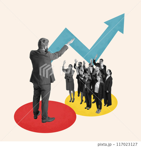 Contemporary art collage. Leader addressing group upward arrow, emphasizing guidance, motivation, and driving collective progress. Contemporary art collage. Leader addressing group upward arrow, emphasizing guidance, motivation, and driving collective progress. 117023127