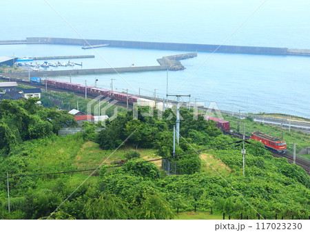 日本海ひすいライン「日本海縦貫線貨物輸送」海背景に 117023230