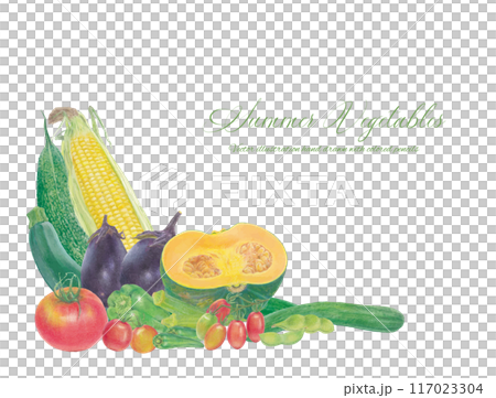 Hand drawn vector corner frame of summer vegetables Hand drawn vector corner frame of summer vegetables 117023304