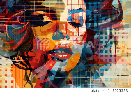 Colorful Abstract Portrait of a Woman With Closed Eyes in a Vibrant Artistic Style 117023328