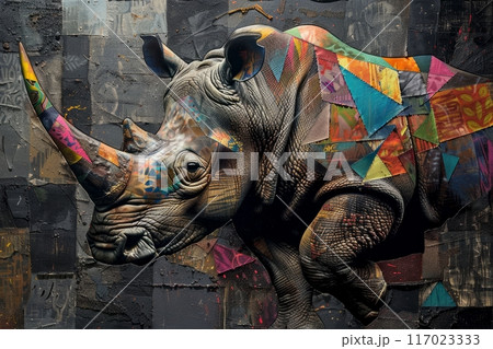 Abstract illustration of a rhinoceros on a dark background Abstract illustration of a rhinoceros on a dark background 117023333
