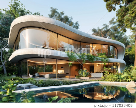 Modern building with a pool surrounded by trees, a perfect leisure spot 117023409