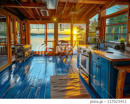 Building with blue cabinetry and wooden floors, overlooking a lake 117023451