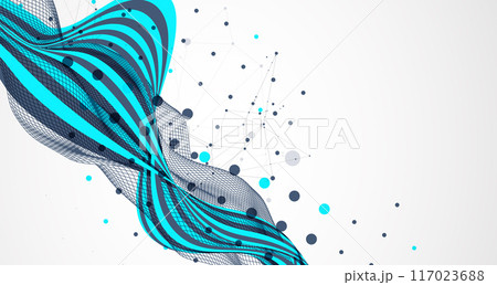 Abstract wavy background with cyan lines and wireframe wave. Hand drawn vector. Abstract wavy background with cyan lines and wireframe wave. Hand drawn vector. 117023688