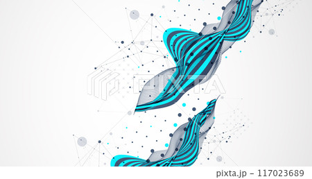 Abstract wavy background with cyan lines and wireframe wave. Hand drawn vector. Abstract wavy background with cyan lines and wireframe wave. Hand drawn vector. 117023689