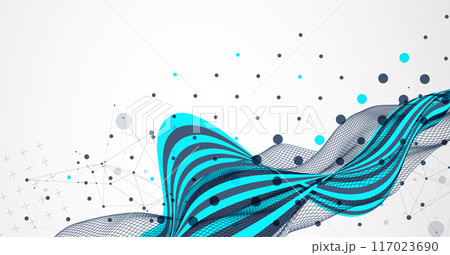 Abstract wavy background with cyan lines and wireframe wave. Hand drawn vector. Abstract wavy background with cyan lines and wireframe wave. Hand drawn vector. 117023690