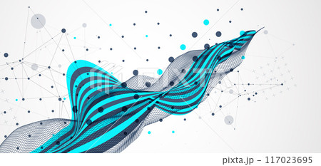 Abstract wavy background with cyan lines and wireframe wave. Hand drawn vector. Abstract wavy background with cyan lines and wireframe wave. Hand drawn vector. 117023695