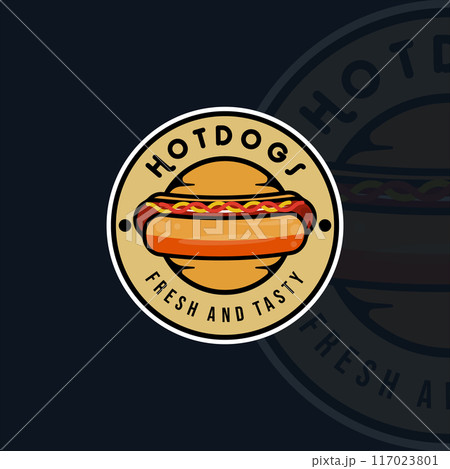 hotdog logo modern vintage vector illustration template icon graphic design. fast food sign or symbol with circle badge and lettering typography 117023801