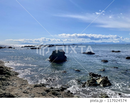 葉山、森戸海岸の光る海と葉山灯台、菜島の鳥居 葉山、森戸海岸の光る海と葉山灯台、菜島の鳥居 117024574