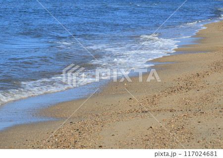 美しい砂浜の波打ち際　誰もいない砂浜 117024681