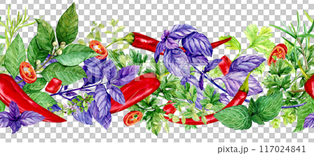 Seamless pattern with kitchen herbs. Rosemary, thyme, chili, basil, mint, bay leaf. Watercolor illustration. Spices of Italian cuisine, linear composition on a white background. Plants of Provence. 117024841