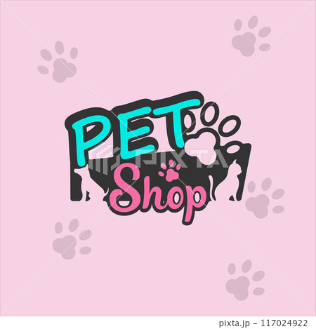 lettering pet shop advertising logo vector illustration template icon graphic design. paw dog and cat symbol or sign for business concept 117024922