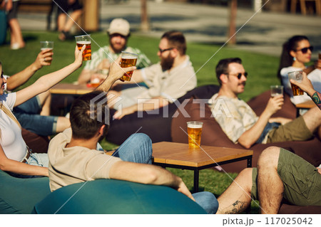 Sunny Celebration. Group of friends, gathering for a picnic, sharing laugh and engaging conversation while clinking beer glasses. 117025042