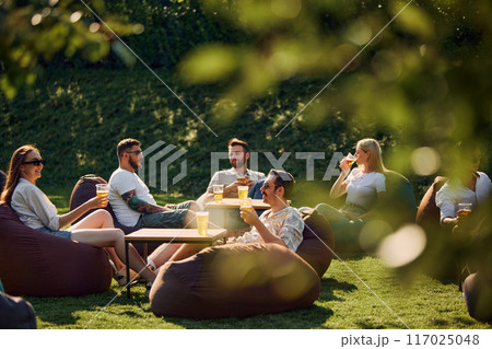 Young people sitting in public park, gathering for picnic, sitting on beanbag chairs on grass and enjoying refreshing beer Young people sitting in public park, gathering for picnic, sitting on beanbag chairs on grass and enjoying refreshing beer 117025048