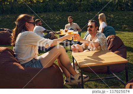 Friends gathering and attending picnic, toasting with cold beers, sitting on beanbag chairs. Enjoying sunny day outdoors Friends gathering and attending picnic, toasting with cold beers, sitting on beanbag chairs. Enjoying sunny day outdoors 117025074