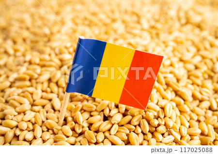 Grains wheat with Romania flag, trade export and economy. 117025088