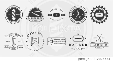 set of minimalist barbershop logo line art vintage vector illustration template icon graphic design. bundle collection of various barber shop sign or symbol for business retro concept 117025373