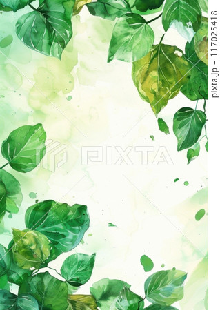 Illustration of green leaves framing pastel background in a serene botanical setting. Generative AI 117025418