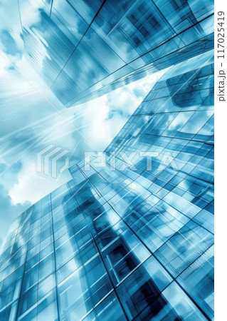 Modern glass skyscrapers reaching toward a bright blue sky during daytime. Generative AI 117025419