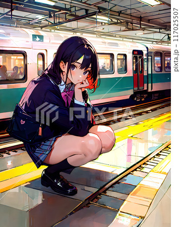 ホームで待つ女子高生 ホームで待つ女子高生 117025507