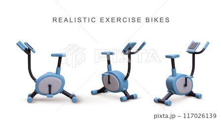 3d realistic blue exercise bikes on white background. Vector illustration. 117026139