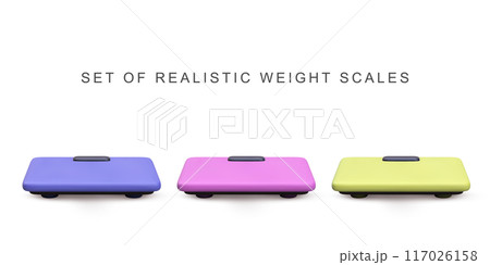 3d realistic set Weight scales on white background. Vector illustration. 117026158