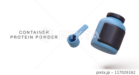 3d realistic blue container protein powder on white background. Vector illustration. 117026162